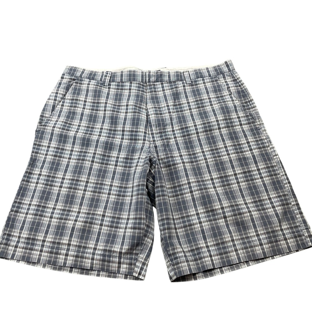 Banana Republic Men's 38 Plaid Cotton Chino Shorts Gray White Flat Front Preppy
